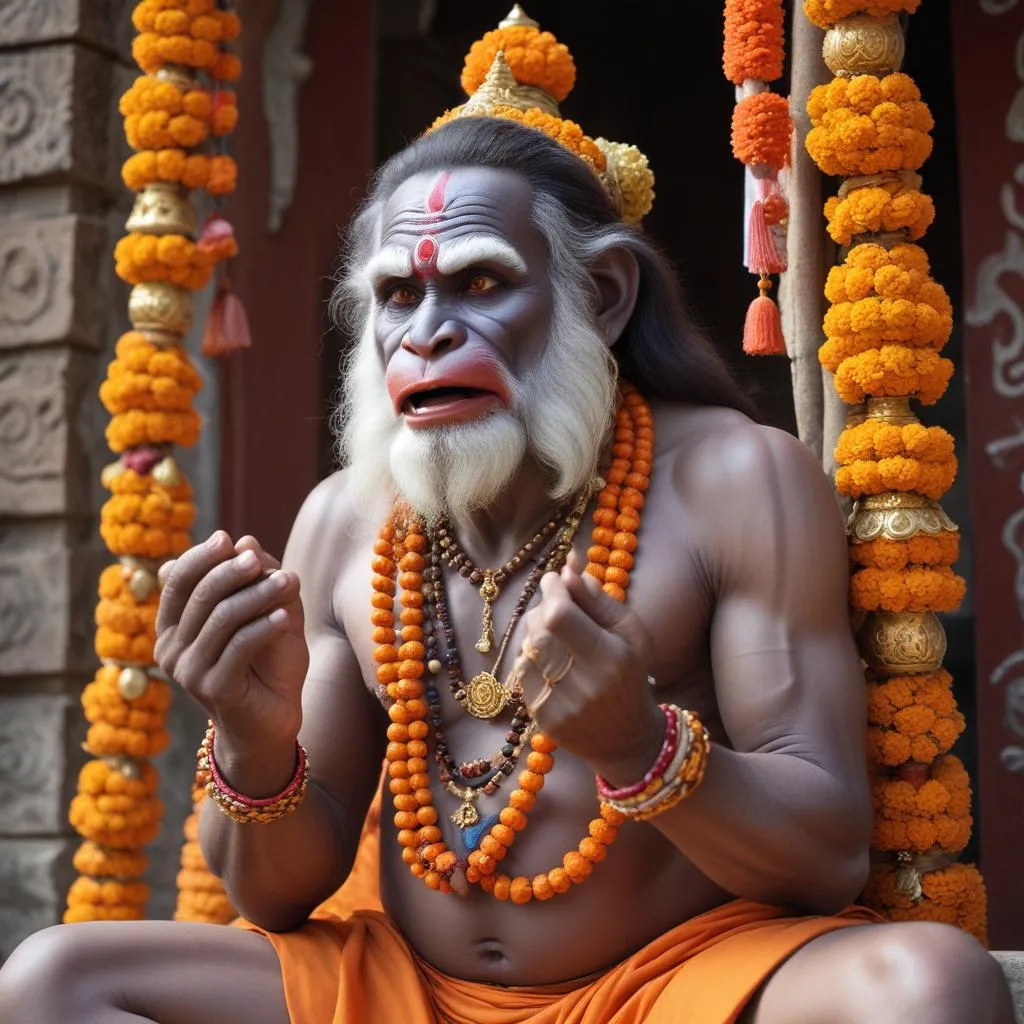 A devotee chanting with a japa mala (prayer beads) in front of a Hanuman deity