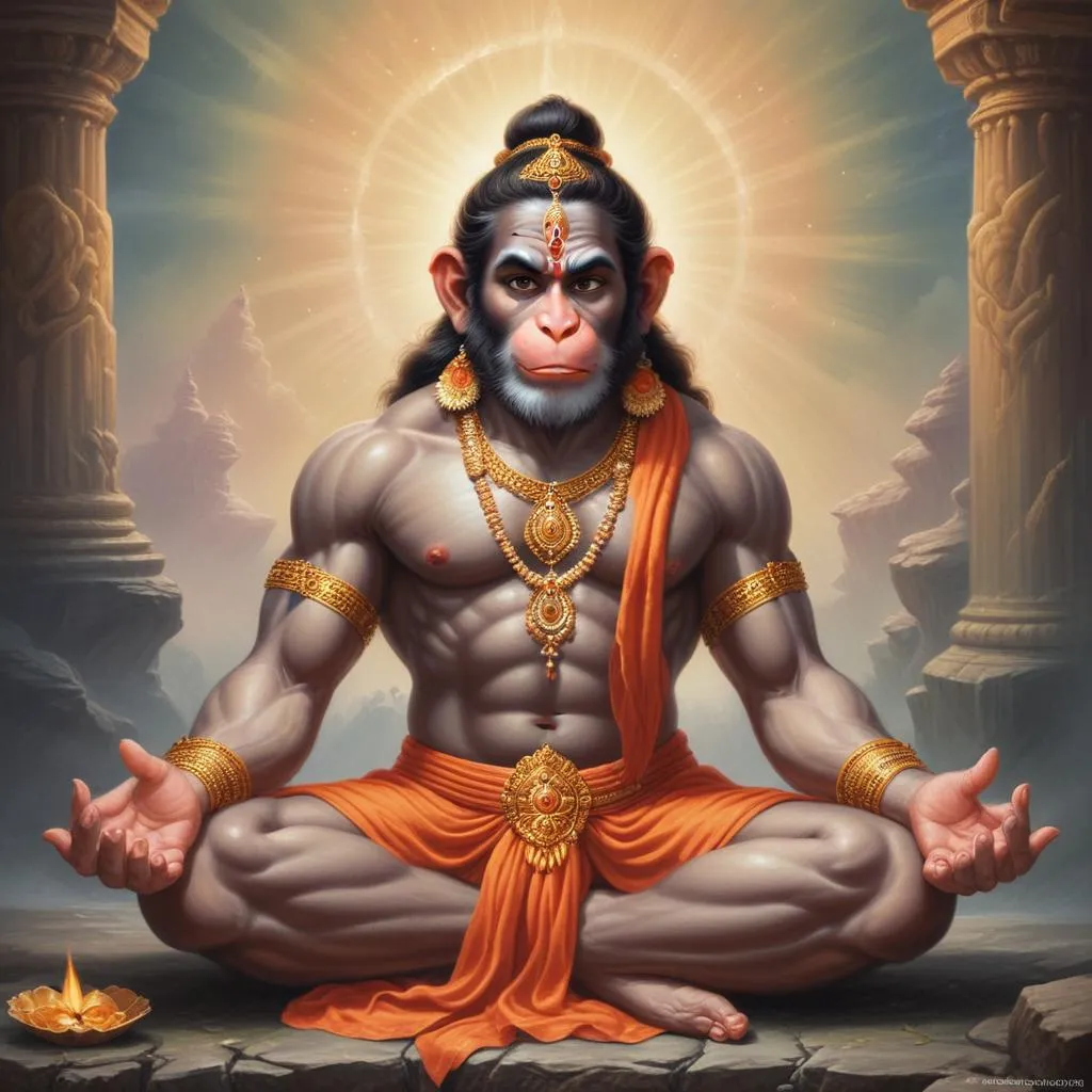 A serene image of Lord Hanuman in meditation, with the Hanuman Chalisa scripture