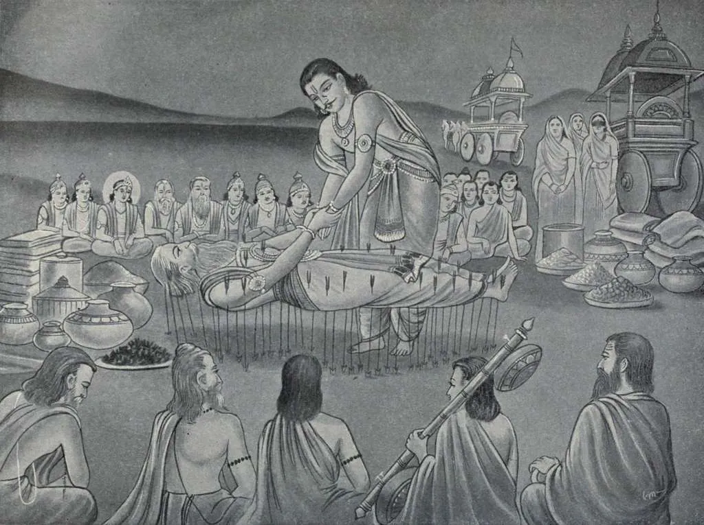 Bhishma lying on the bed of arrows during the Mahabharata war