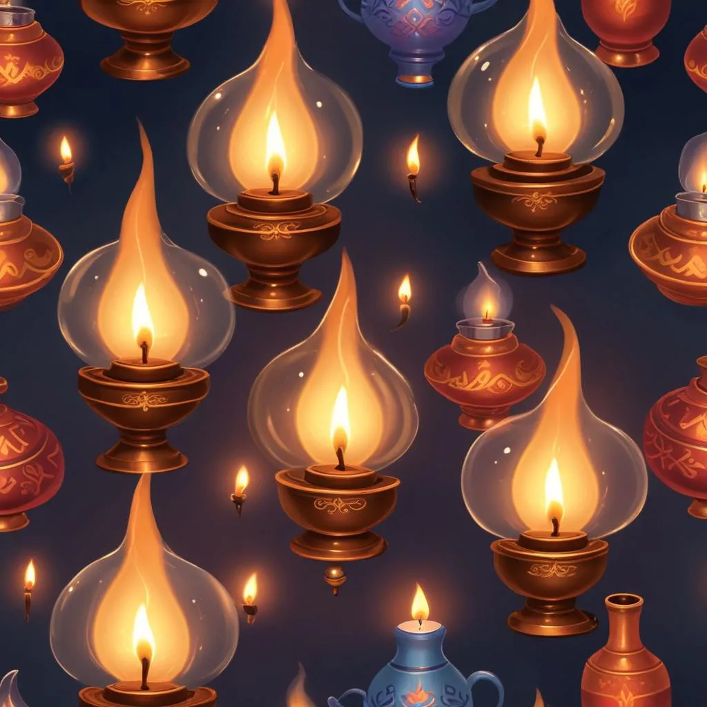 A collection of traditional oil lamps used in prayer ceremonies