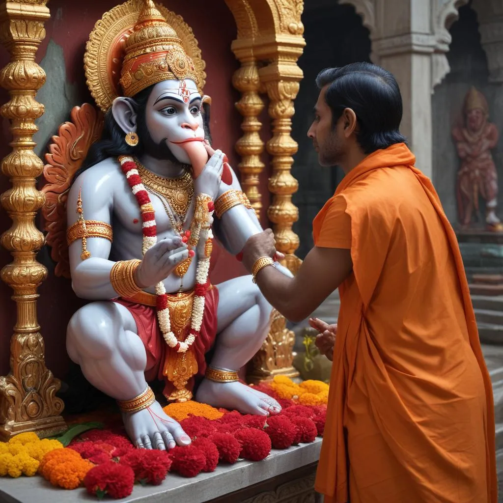 A devotee offering prayers to a Hanuman idol for protection