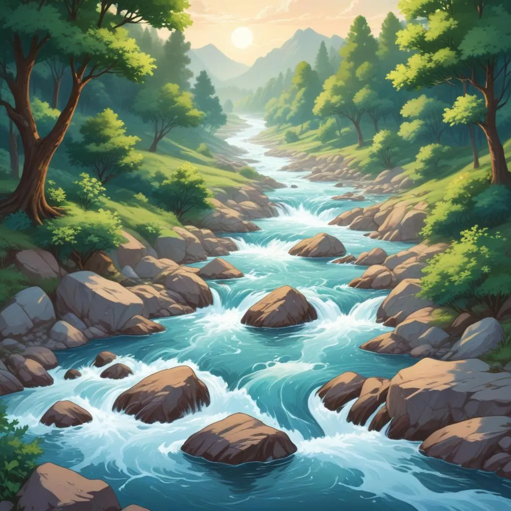 A flowing river representing the passage of time and spiritual flow
