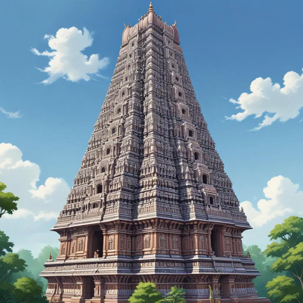 A majestic and towering temple gopuram against a clear blue sky