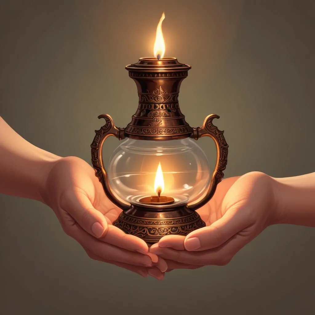 A pair of hands holding a traditional oil lamp, symbolizing truth and wisdom