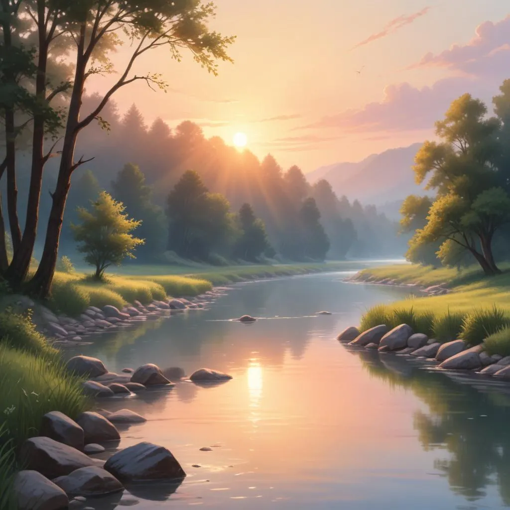 A peaceful river at sunrise, symbolizing hope and tranquility
