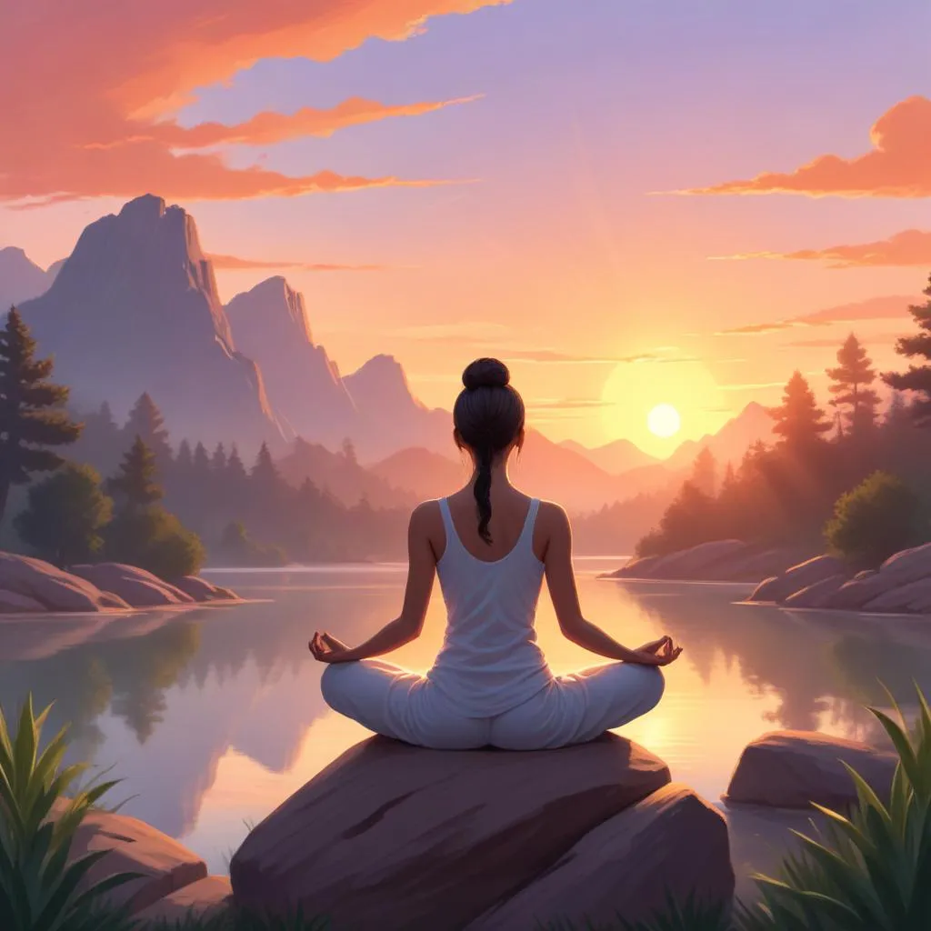 A person in a peaceful meditation pose at sunrise