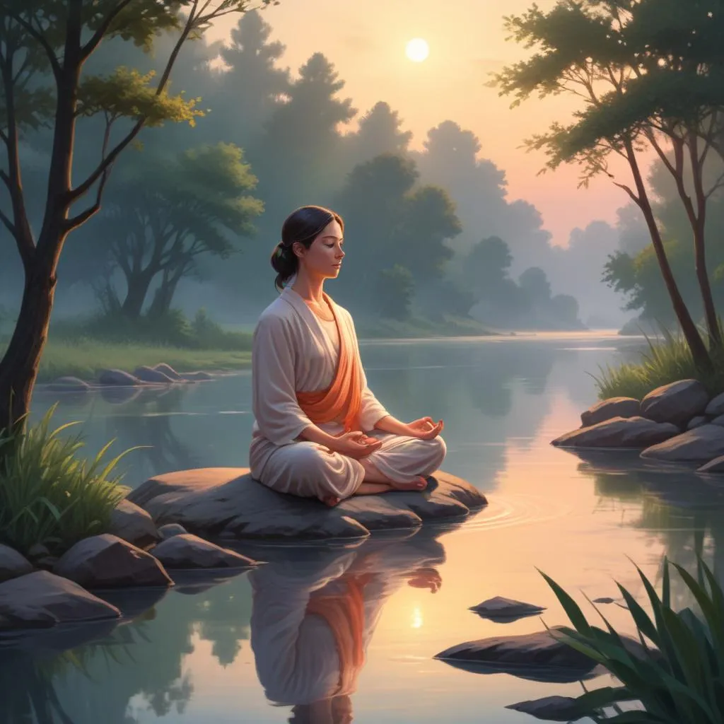 A person in meditation by a river at dawn, symbolizing inner reflection and conscience