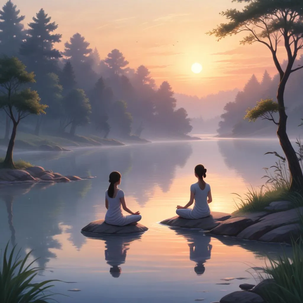 A person in meditation pose by a calm river at dawn, symbolizing peace and introspection