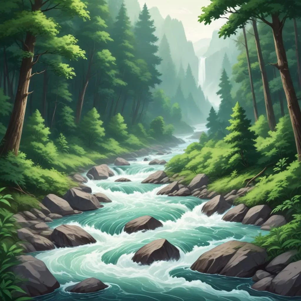 A powerful river flowing steadily through a lush green forest