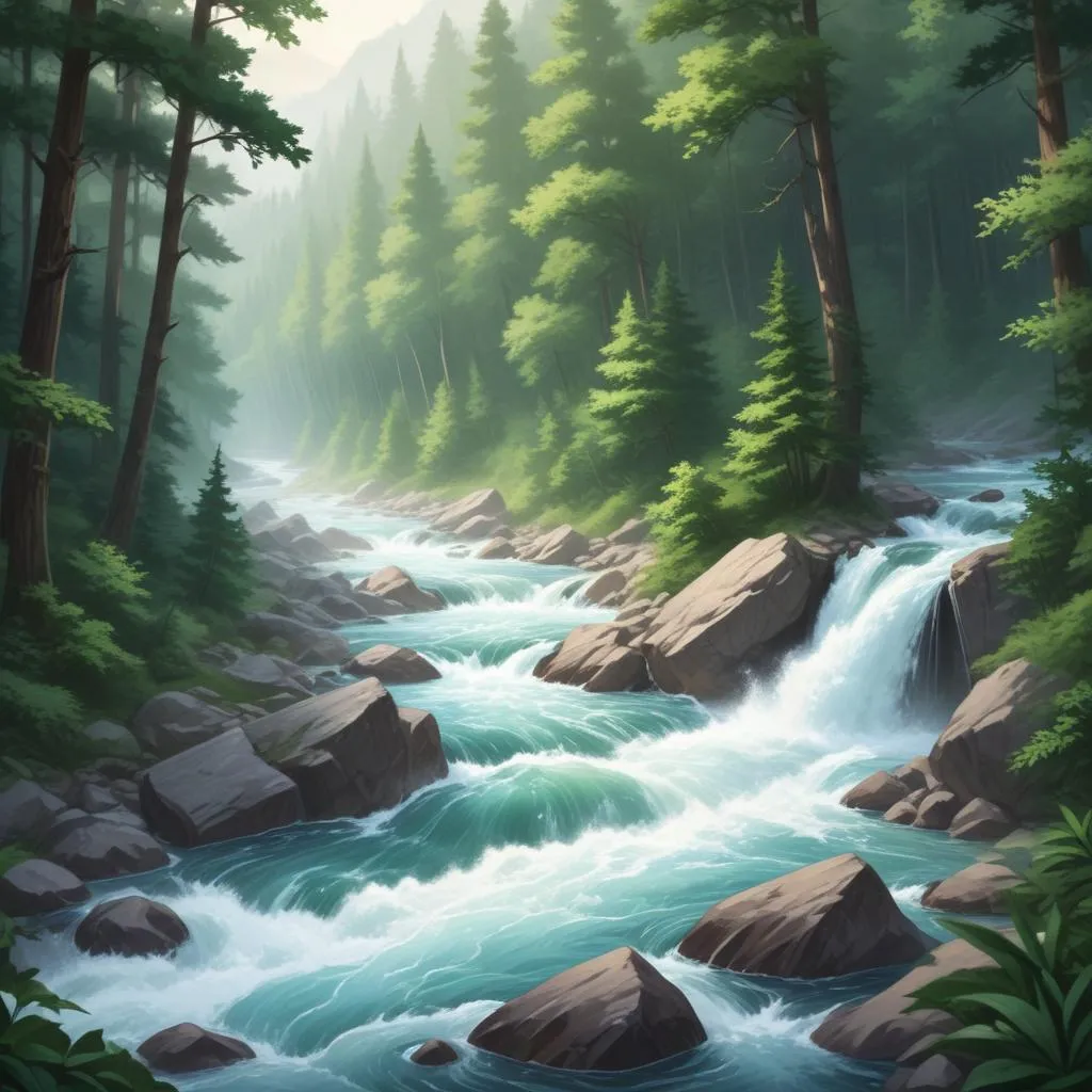 A powerful river flowing through a dense forest