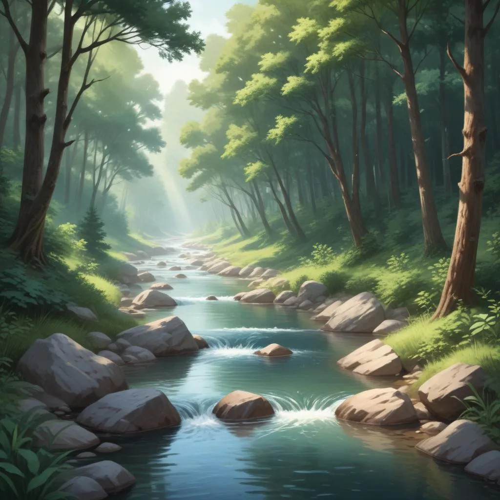 A quiet river flowing through a forest, representing resilience and the passage of time