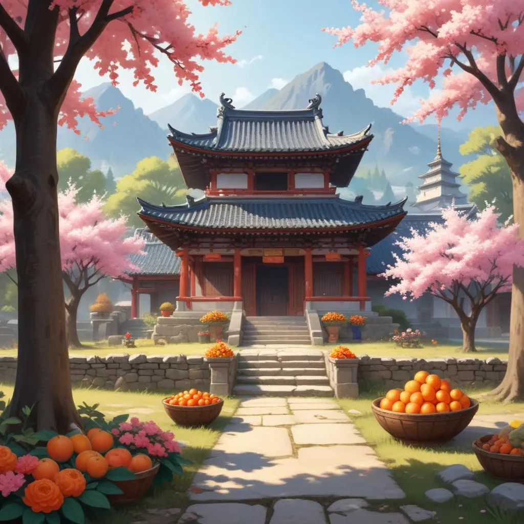 A quiet village temple with simple offerings of flowers and fruit
