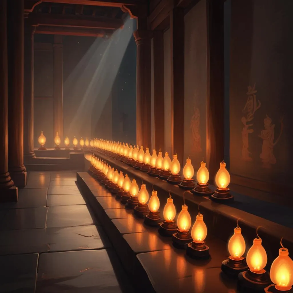 A row of flickering prayer lamps in a dimly lit temple