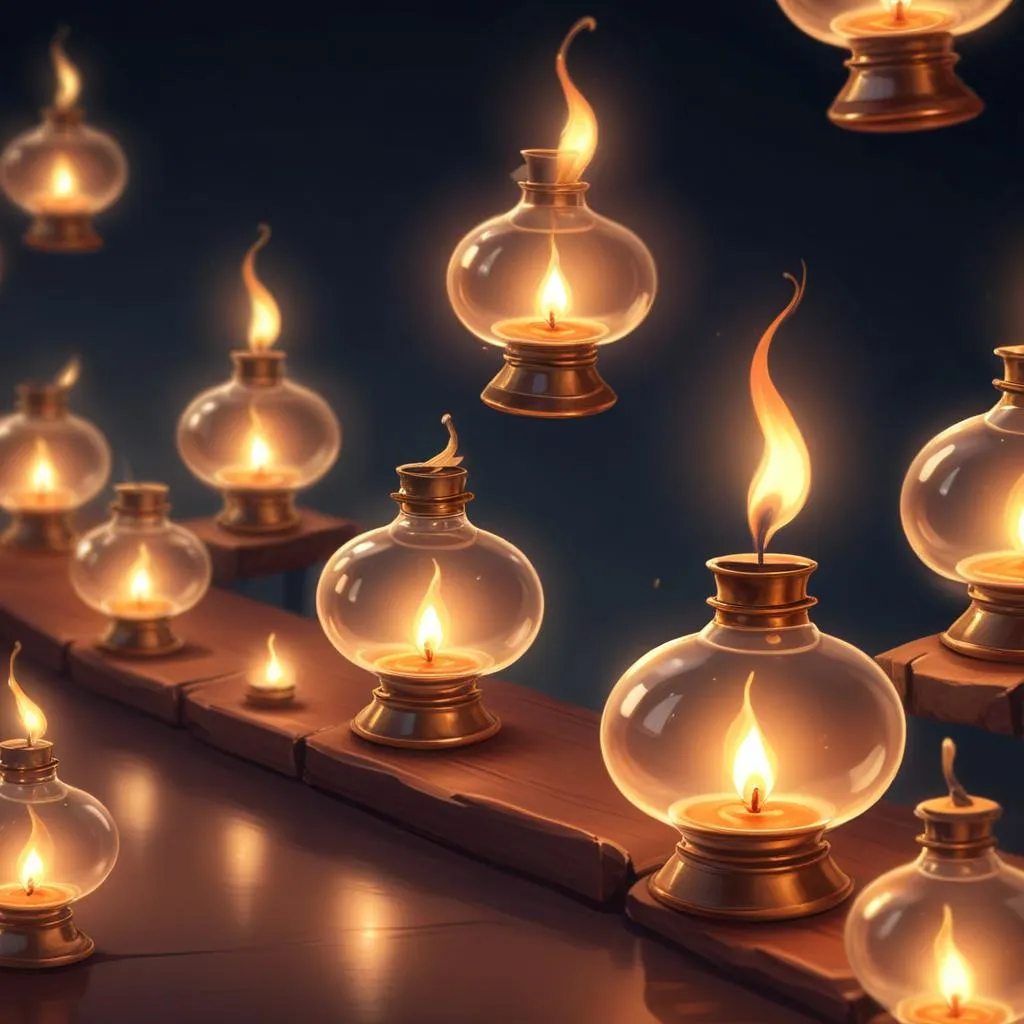 A row of glowing oil lamps creating a peaceful and focused atmosphere