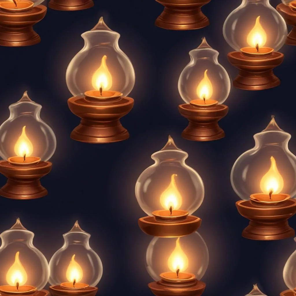 A row of glowing oil lamps creating a serene and focused atmosphere