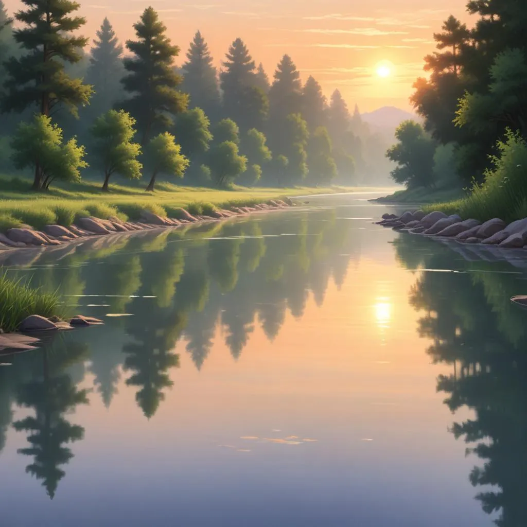 A serene river at sunrise, symbolizing flow and reflection