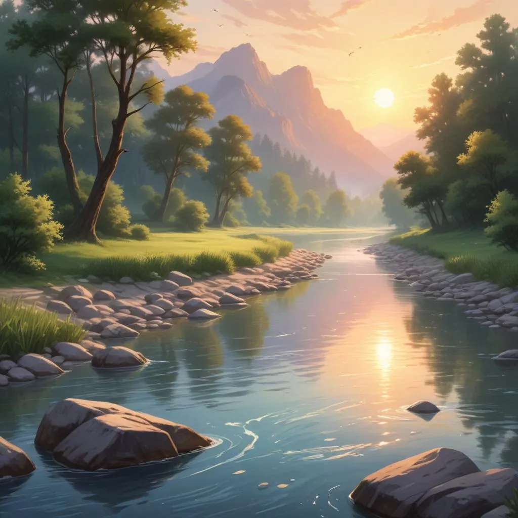 A serene river at sunrise, symbolizing flow of destiny and alternate paths
