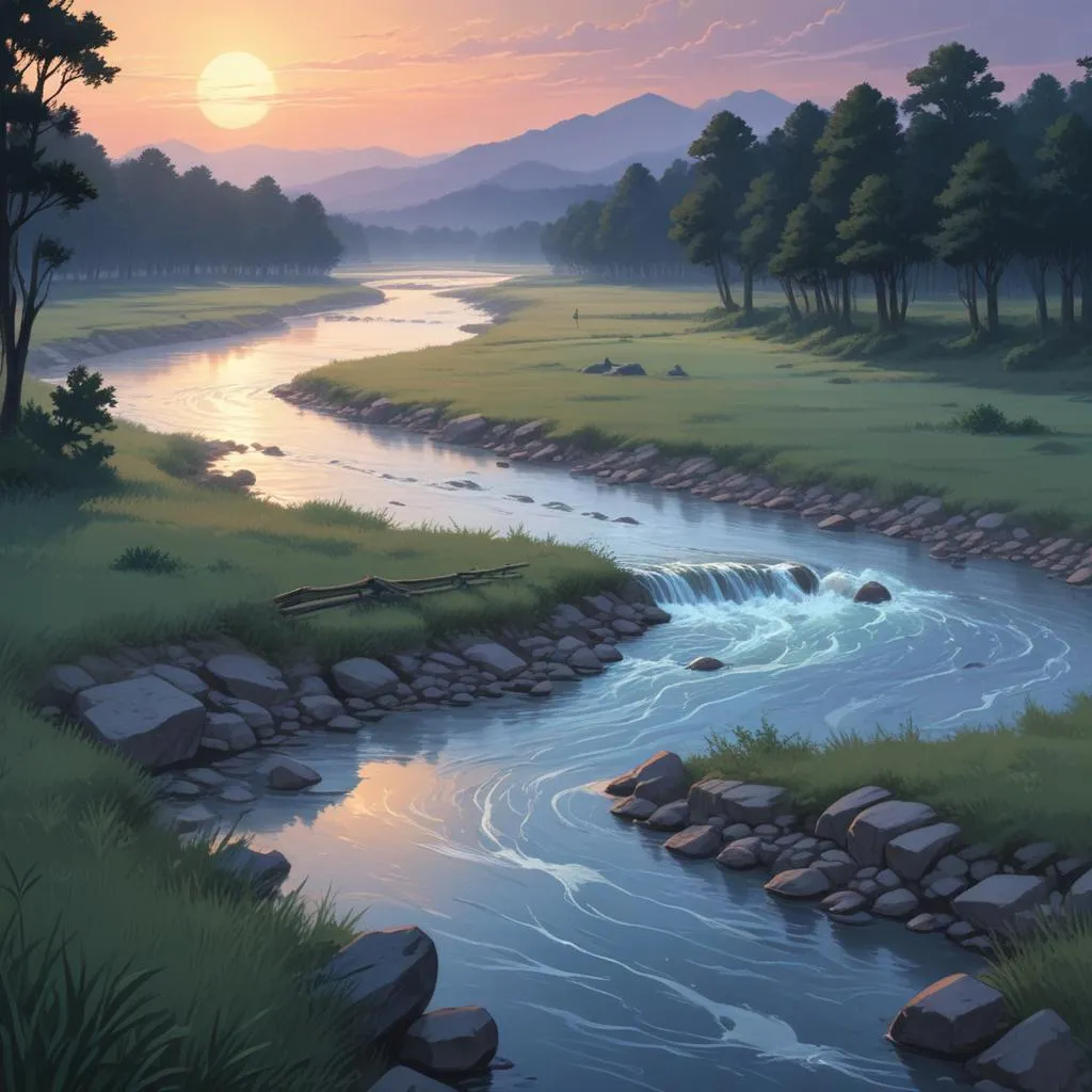 A serene river flowing through a battlefield at dusk, symbolizing the flow of time and consequences