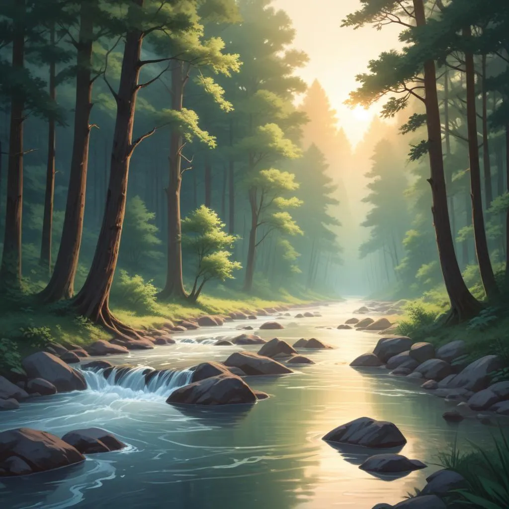 A serene river flowing through a forest at dawn, symbolizing the continuous flow of time and cycles
