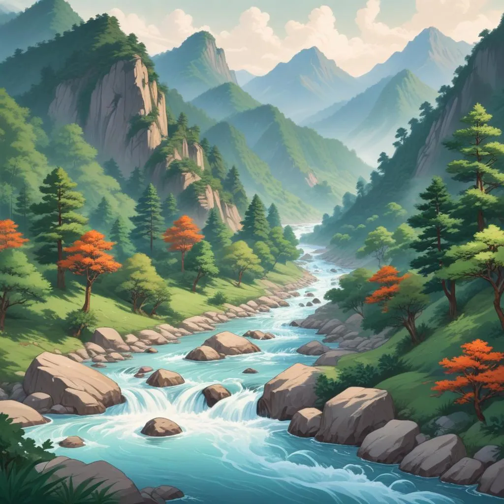 A serene river flowing through a mountainous landscape, symbolizing the flow of karma and the constancy of dharma