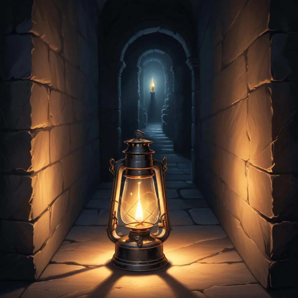 A single oil lamp glowing in a dark stone corridor, symbolizing truth and revelation