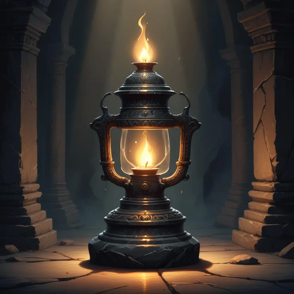 A single oil lamp glowing in a dark stone temple, representing light in a dark age