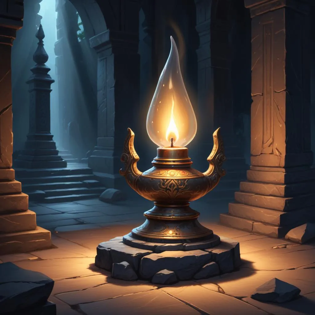 A single oil lamp glowing in a dark stone temple, symbolizing alternate spiritual paths