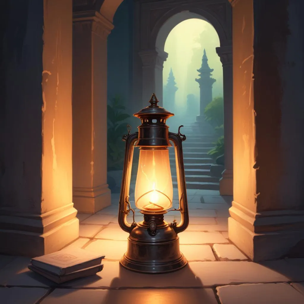 A single oil lamp glowing in a serene, ancient temple corridor