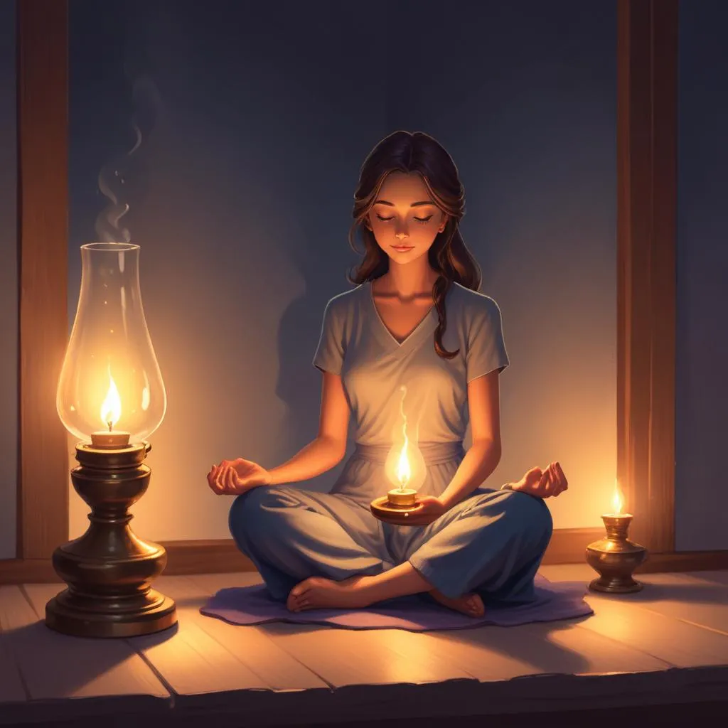 A single oil lamp illuminating a quiet, peaceful space for meditation
