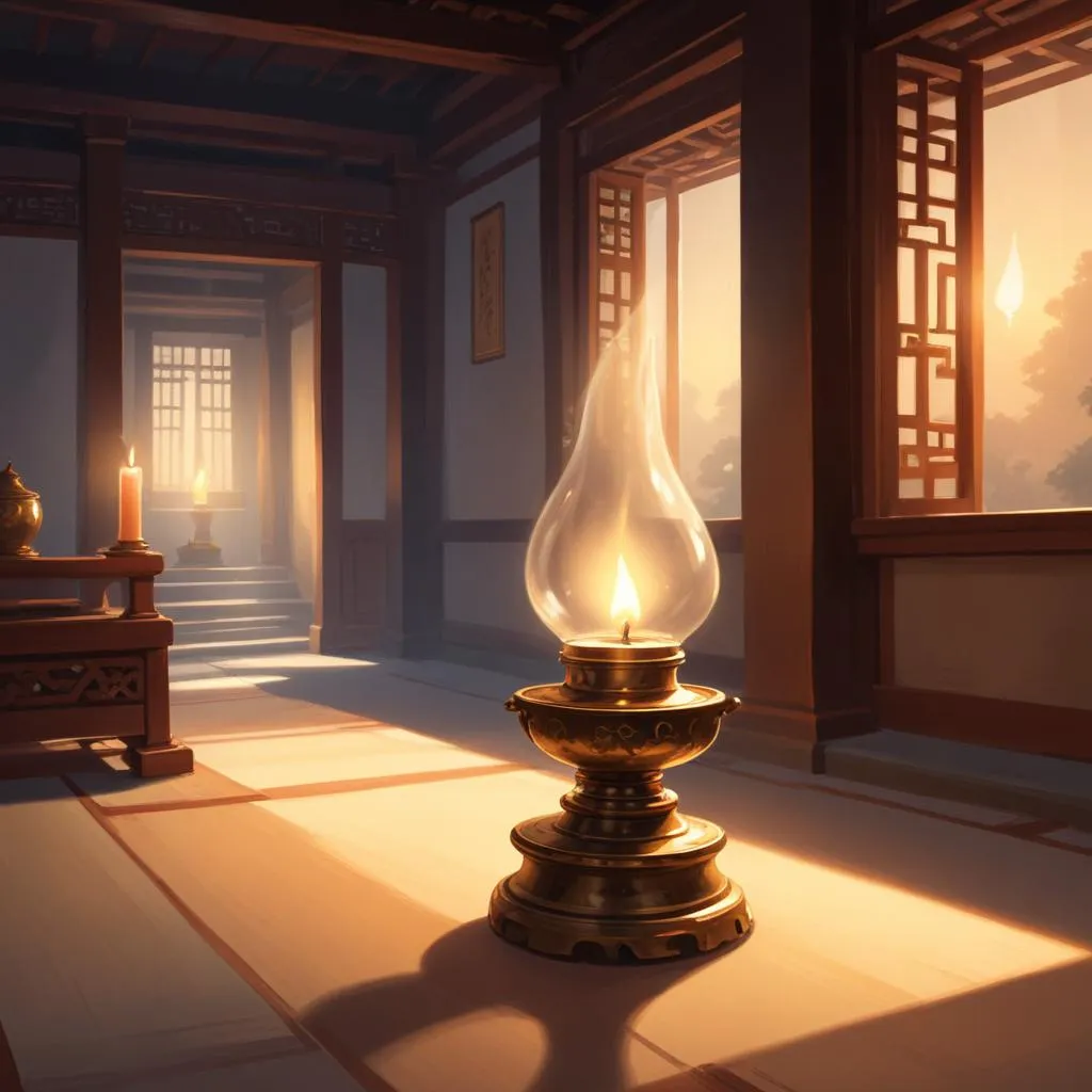 A single oil lamp illuminating a quiet, serene temple interior