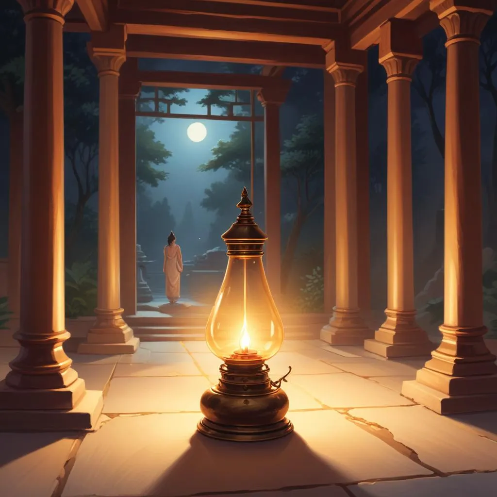 A single oil lamp illuminating a quiet, serene temple space, representing inner wisdom and choice