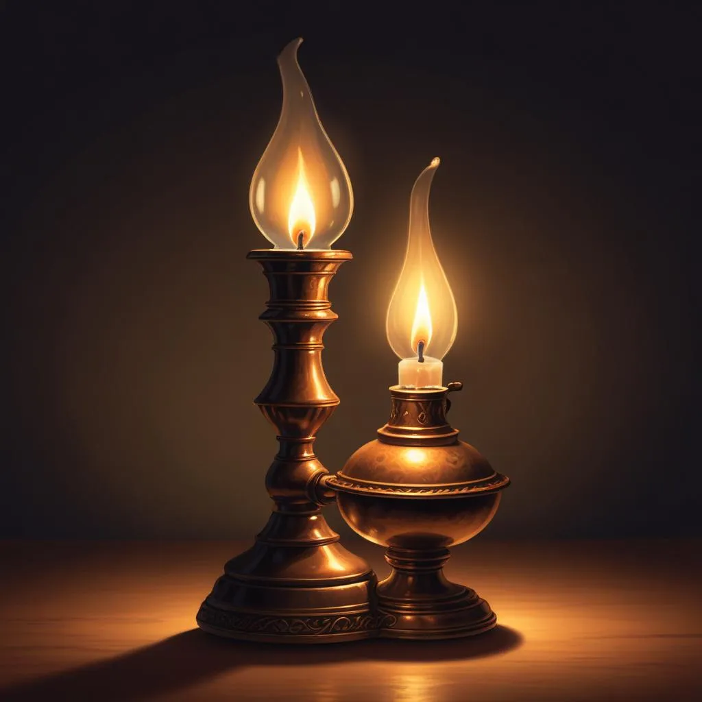 A single traditional oil lamp glowing in dim light, representing the end of an era