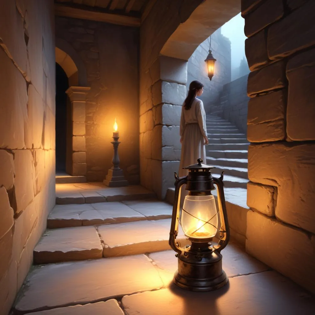 A solitary oil lamp in a quiet, ancient stone corridor