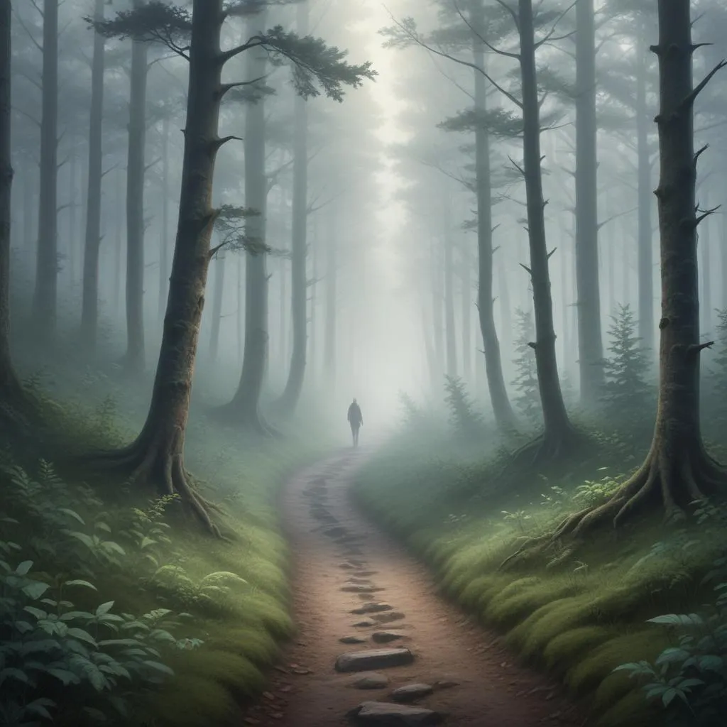 A solitary path through a misty forest, representing life's difficult choices