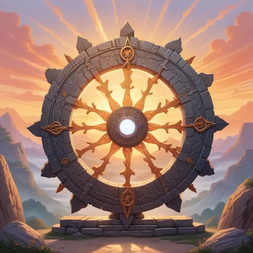 A stone wheel of time or Dharma Chakra against a sunrise, symbolizing cyclical eras