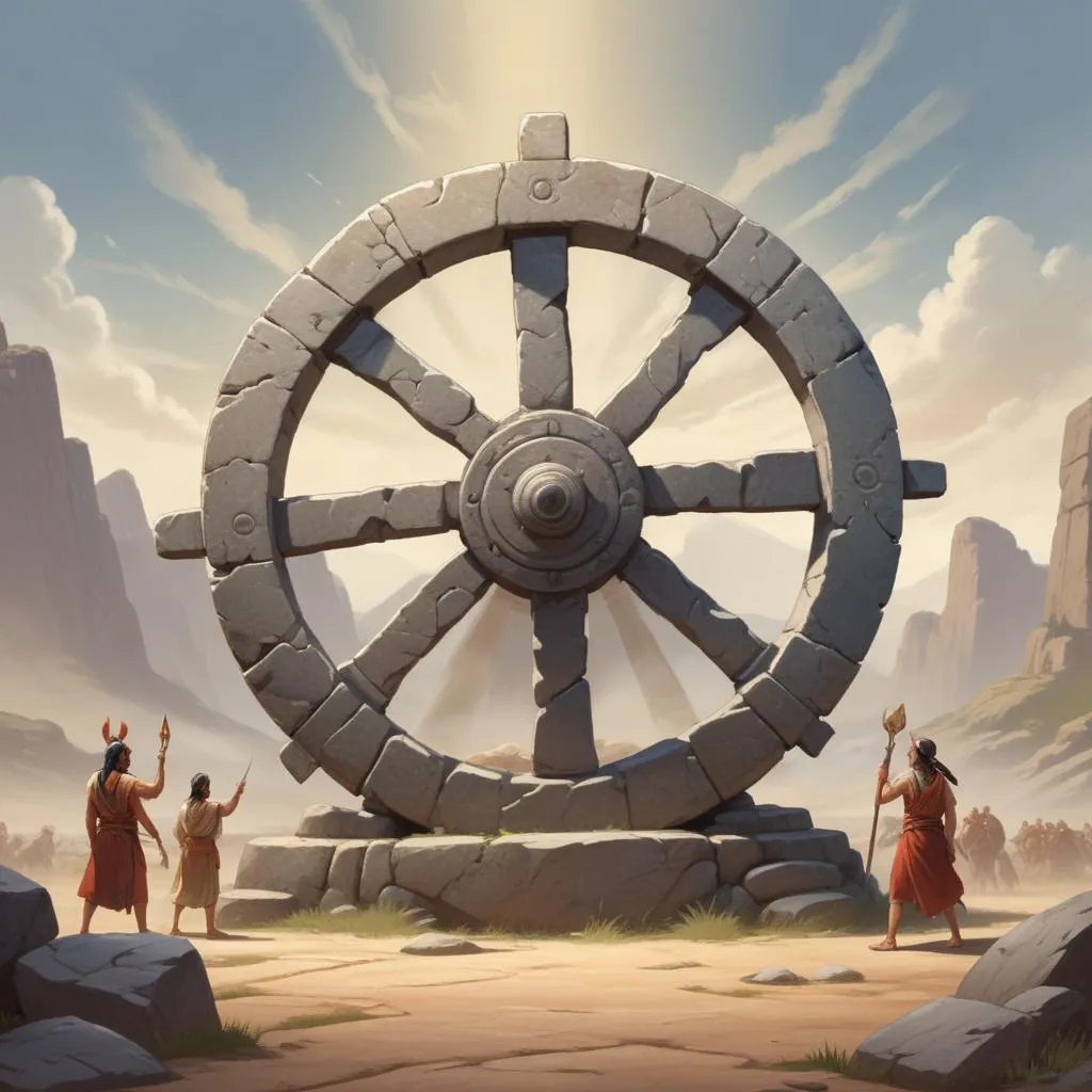 An ancient stone chariot wheel, symbolizing fate and the pivotal moment in the battle