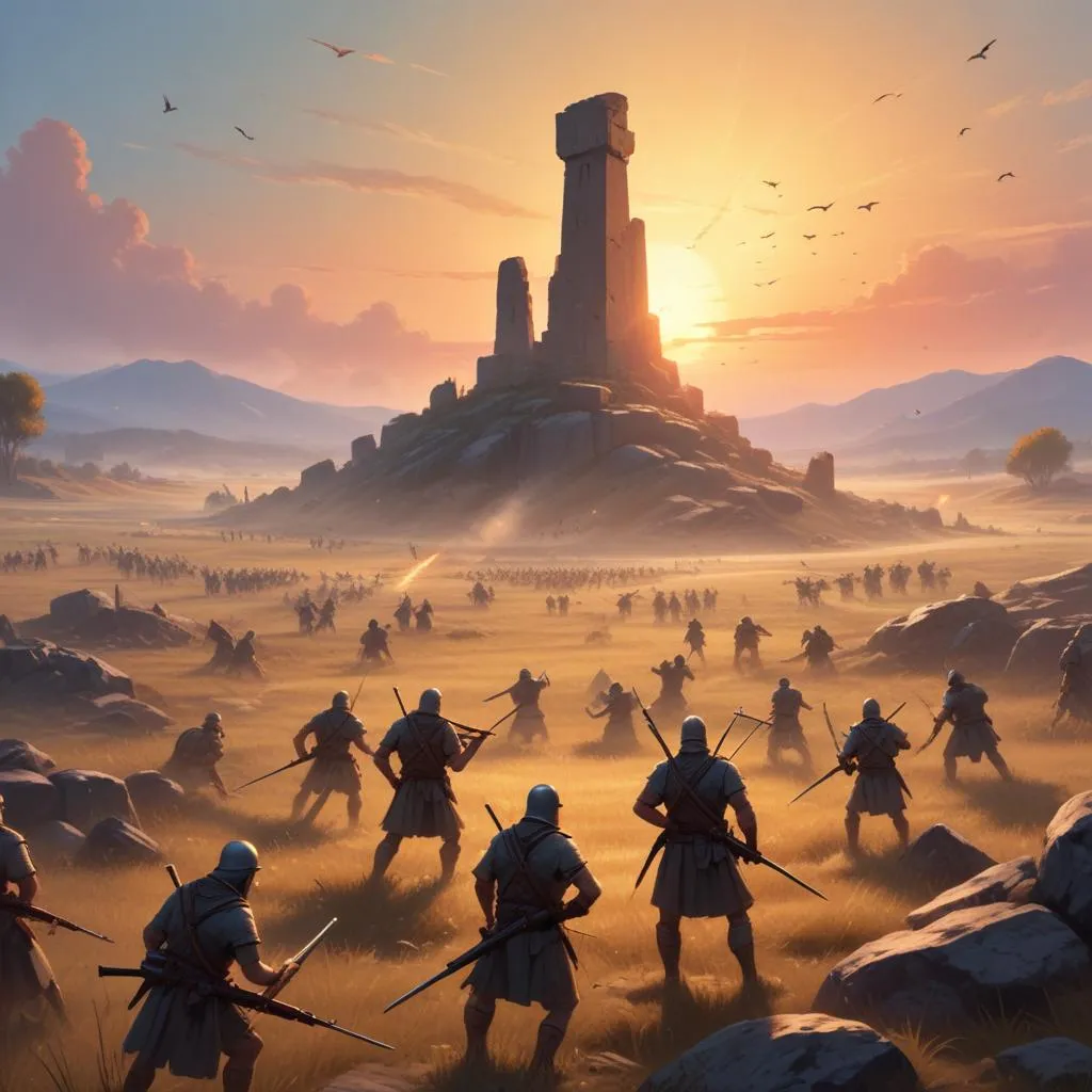 Ancient battlefield at sunrise with scattered weapons