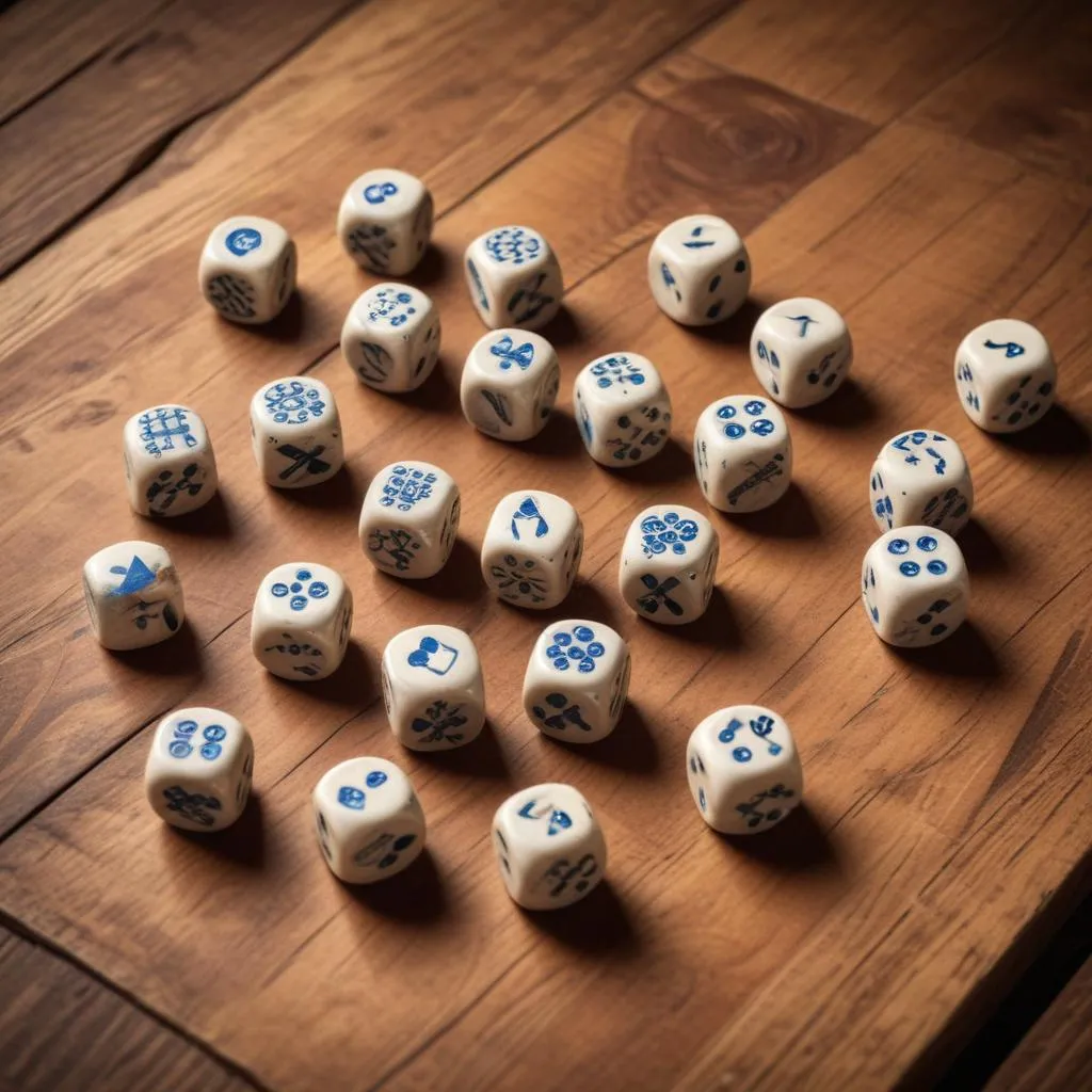 Ancient dice and game pieces on wooden surface