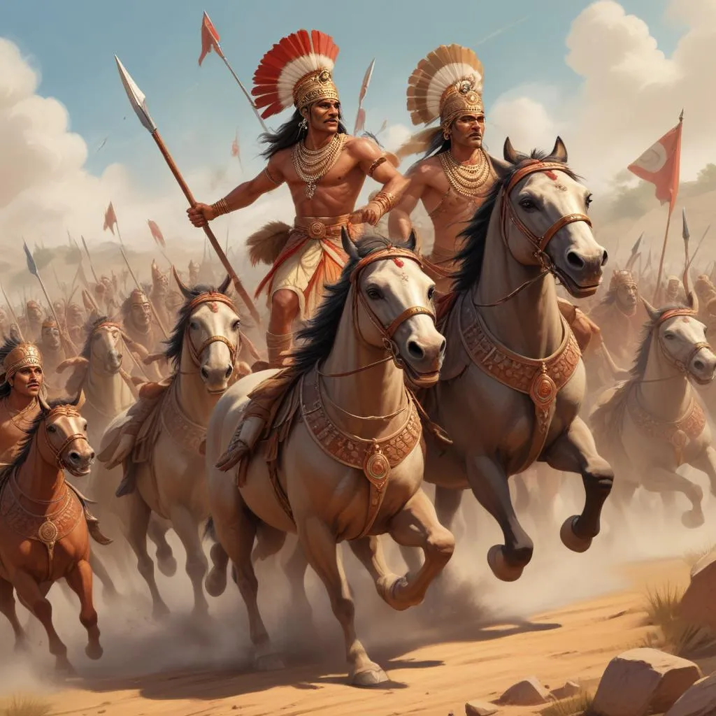 Ancient Indian battle formation with warriors and chariots