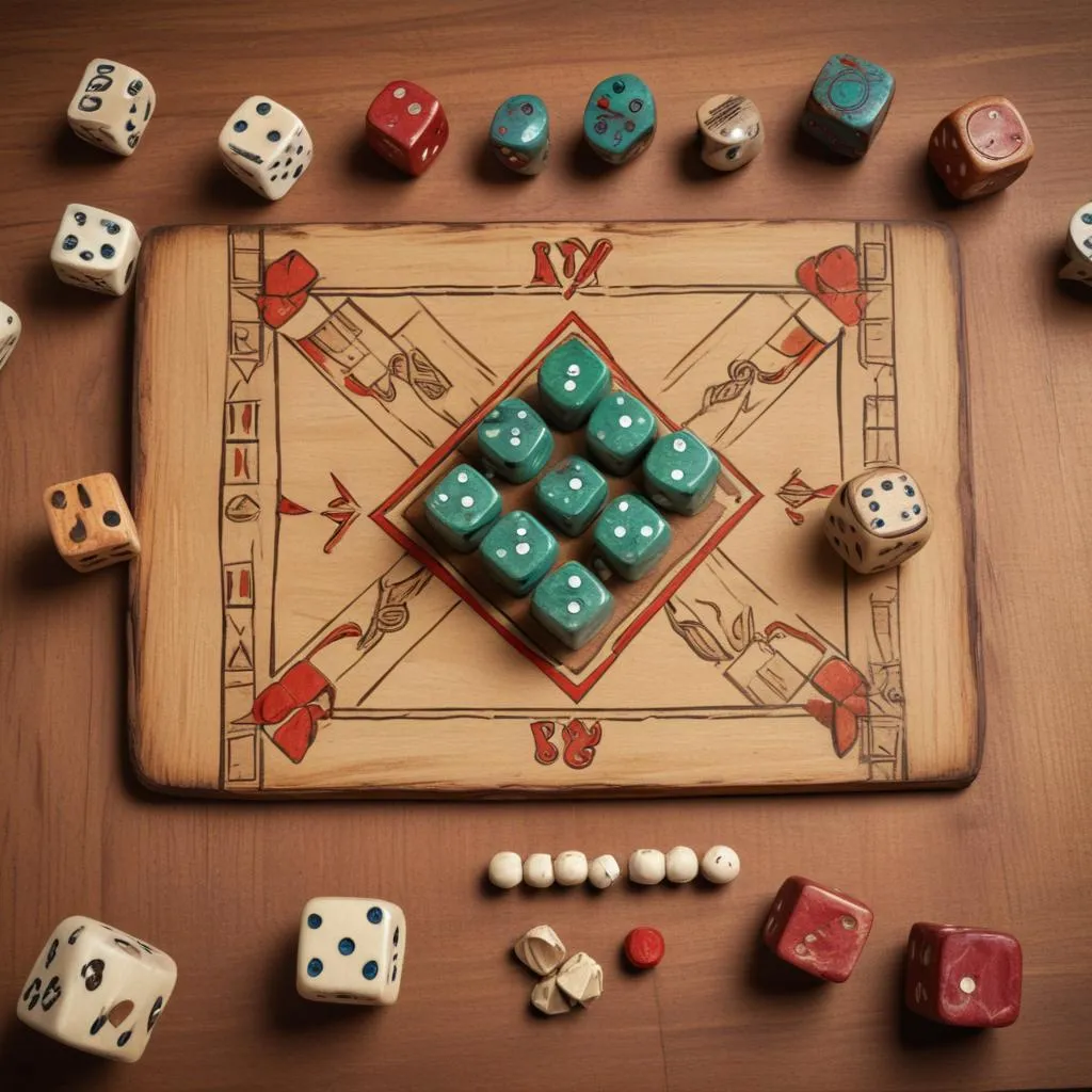 Ancient Indian board game pieces and dice on a wooden surface