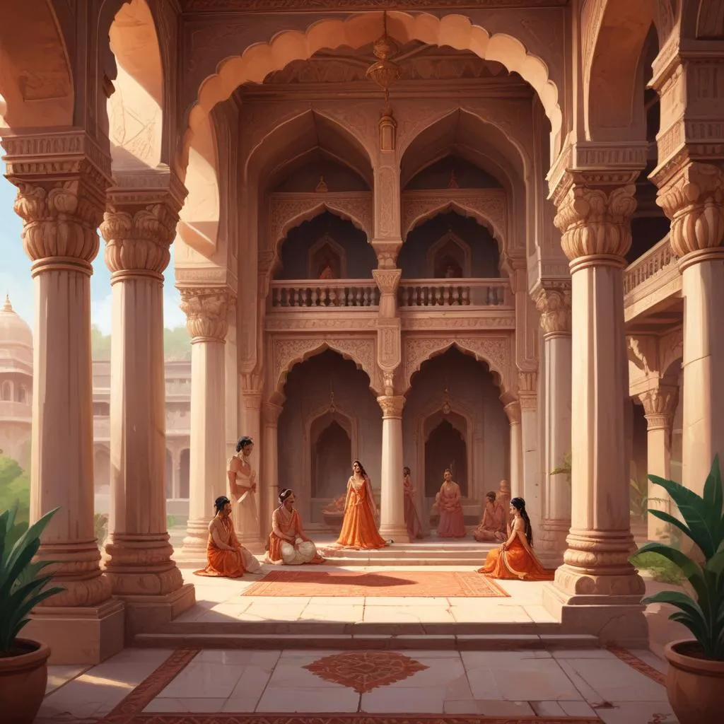 Ancient Indian royal court setting with architectural details