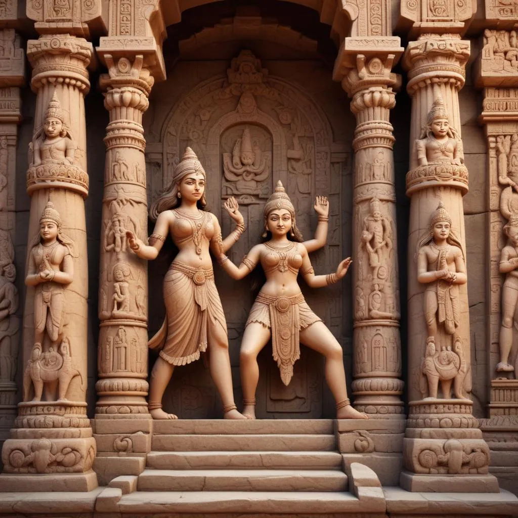 Ancient Indian temple stone carvings depicting epic scenes