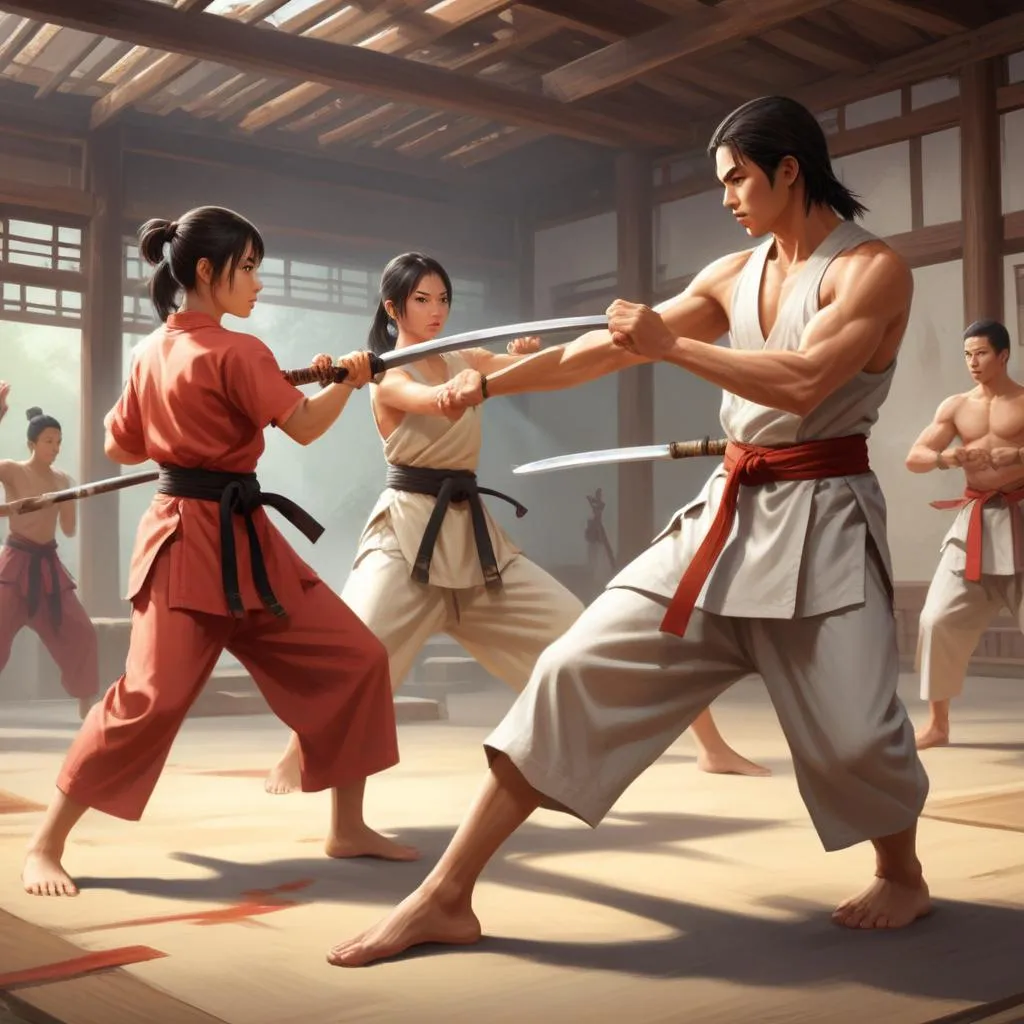 Ancient martial arts training grounds with weapons practice