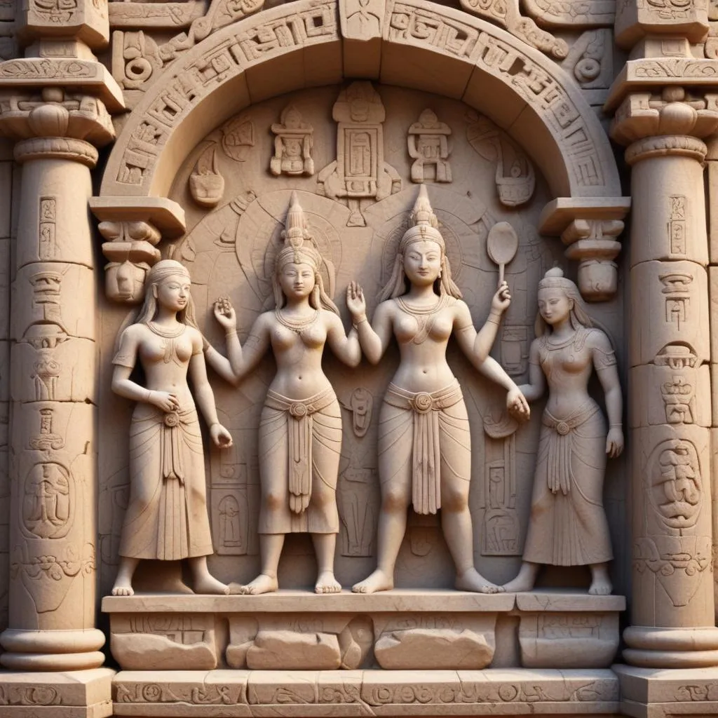 Ancient stone carvings and symbols on temple walls