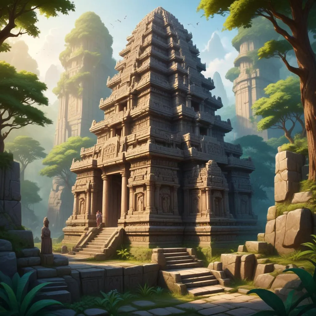 Ancient temple architecture with intricate carvings surrounded by nature