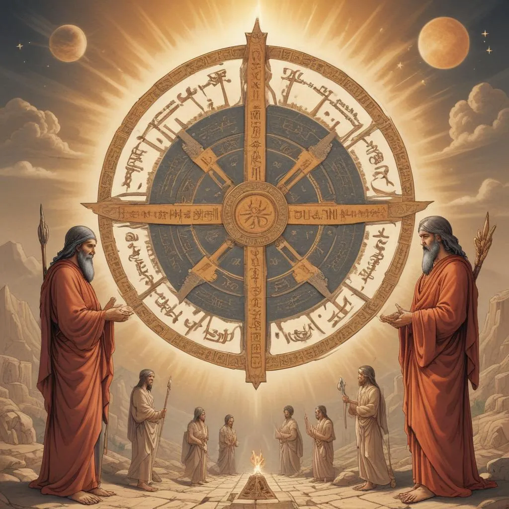 Ancient text and spiritual symbols representing the philosophical aspects of the war