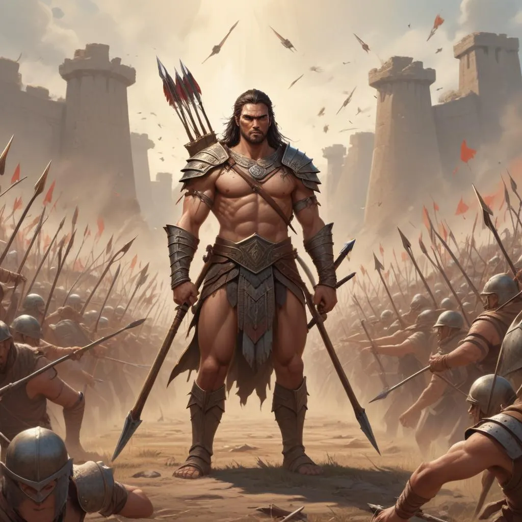 Ancient warrior standing before a barrage of arrows on a battlefield