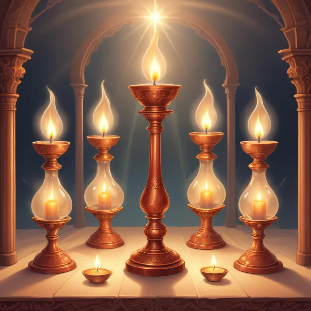 Arrangement of five traditional prayer lamps in a spiritual setting