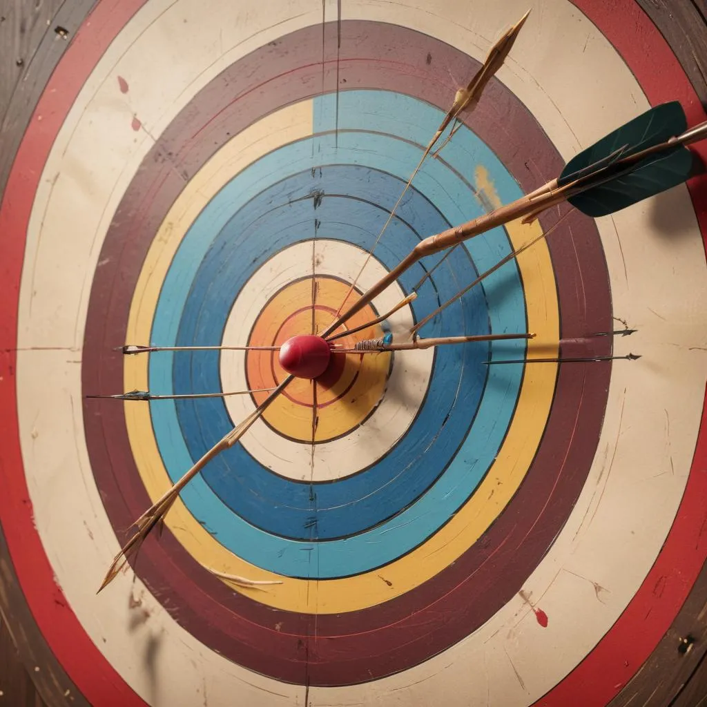 Close-up of a traditional archery target with bow and arrow