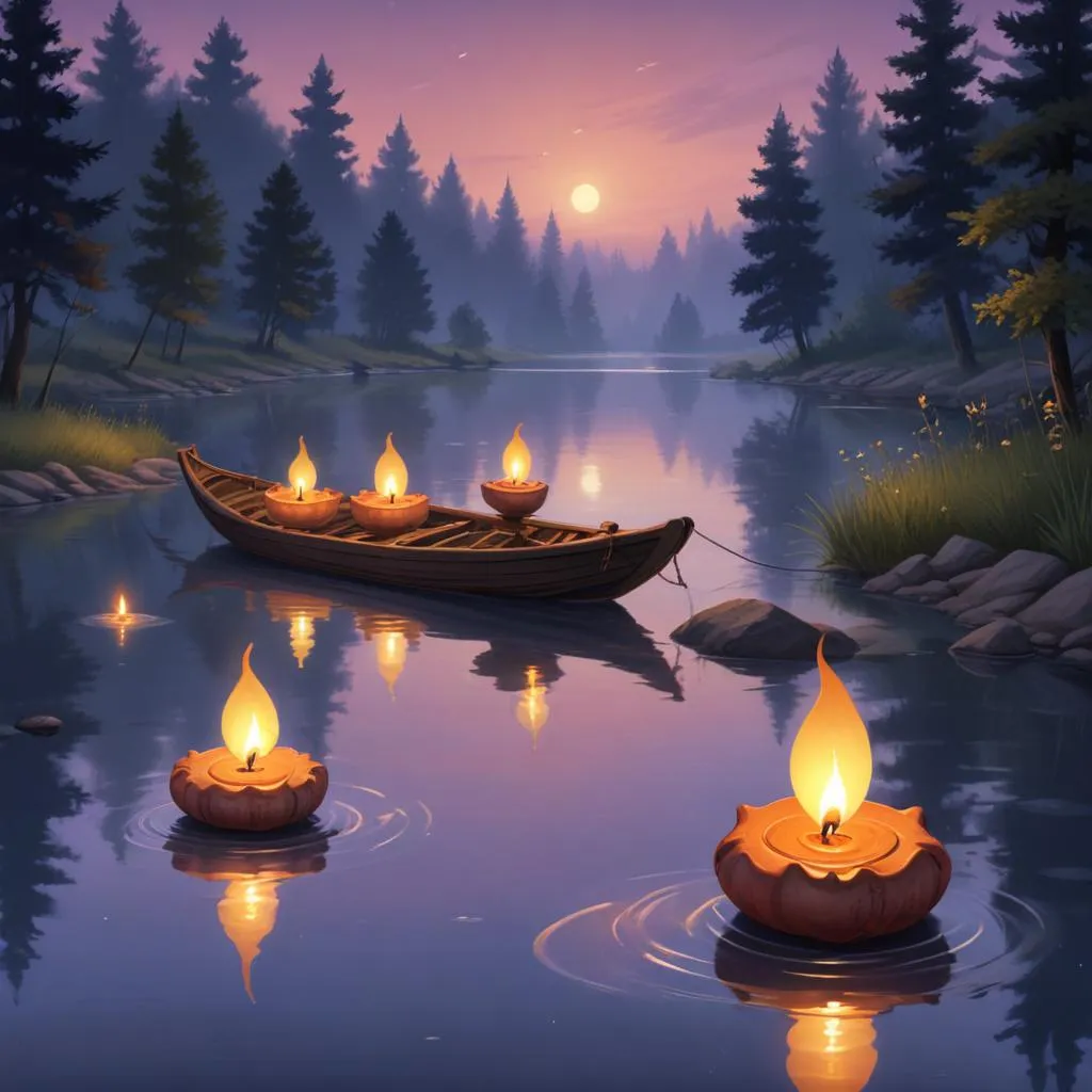 Floating oil lamps on a river during twilight